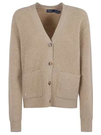 Ralph Lauren V-neck Rib Knit Cardigan In Beige/khaki