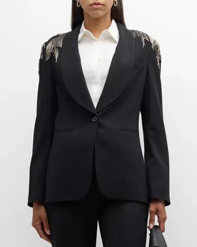 Ralph Lauren Tamara Luxury Wool Crepe Blazer Jacket With Crystal Embellishment In Black