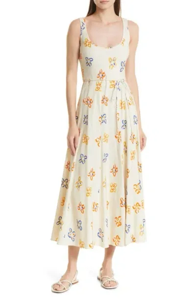 Rebecca Taylor Flame Fleur Linen-blend Midi-dress In Flame Fleur Tapioca Combo