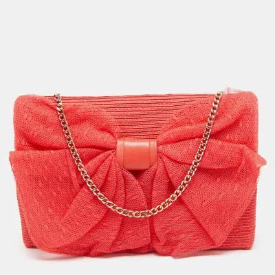 Pre-owned Red Valentino Coral Orange Raffia And Lace Bow Chain Bag