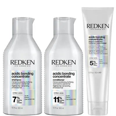 Redken Acidic Bonding Concentrate Shampoo 300ml, Conditioner 300ml And Leave-in Treatment 150ml Bond Repair In White