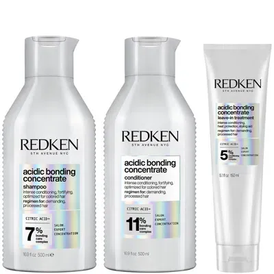 Redken Acidic Bonding Concentrate Shampoo 500ml, Conditioner 500ml And Leave-in Treatment 150ml Bond Repair In White