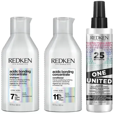 Redken Acidic Bonding Concentrate Shampoo, Conditioner And One United Multi-benefit Leave-in Treatment Bond In White