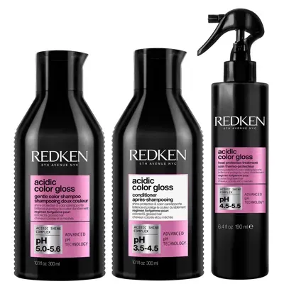 Redken Acidic Color Gloss Shampoo, Conditioner 300ml And Heat Protection Treatment 190ml Bundle In White