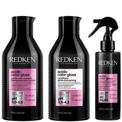 Redken Acidic Color Gloss Sulphate-free Shampoo And Conditioner 500ml And Heat Protection Leave-in Treatmen In White