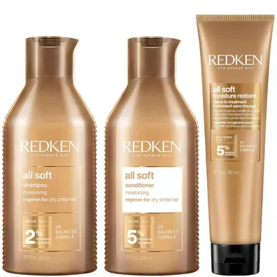 Redken All Soft Shampoo, Conditioner And Moisture Restore Leave-in Treatment, Hydrating Bundle, Softness & In White