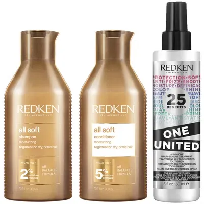 Redken All Soft Shampoo, Conditioner And One United Multi-benefit Treatment Spray Hydrating Bundle For Dry In White