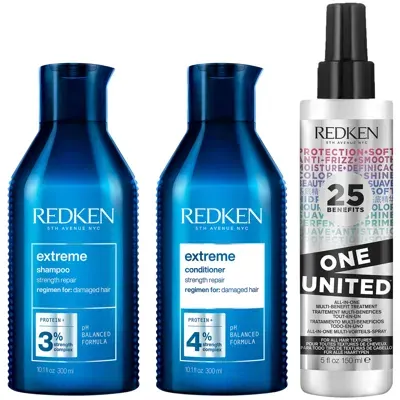 Redken Extreme Shampoo, Conditioner And One United Multi-benefit Leave-in Treatment, Strength Repair Bundle In White