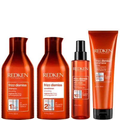 Redken Frizz Dismiss Shampoo, Conditioner, Treatment And Hair Serum Routine For Smoothing Frizzy Hair In White