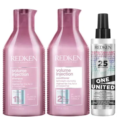 Redken Volume Injection Shampoo, Conditioner And One United Treatment Spray Routine For Fine/flat Hair In White