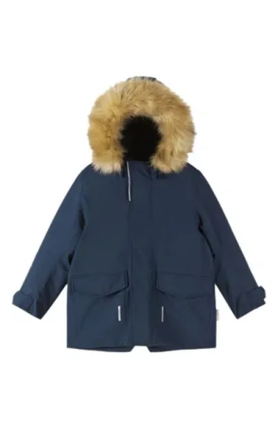 Reima Babies' The Tec Faux-fur Trim Hooded Winter Jacket In Navy