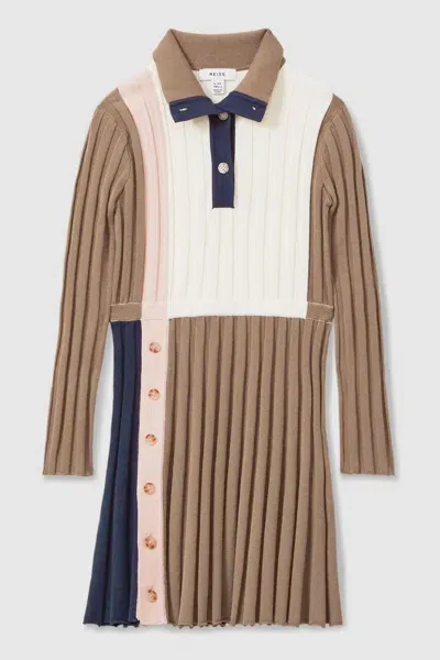 Reiss Kids' Camel Kleo Ribbed Colourblock Funnel Neck Dress