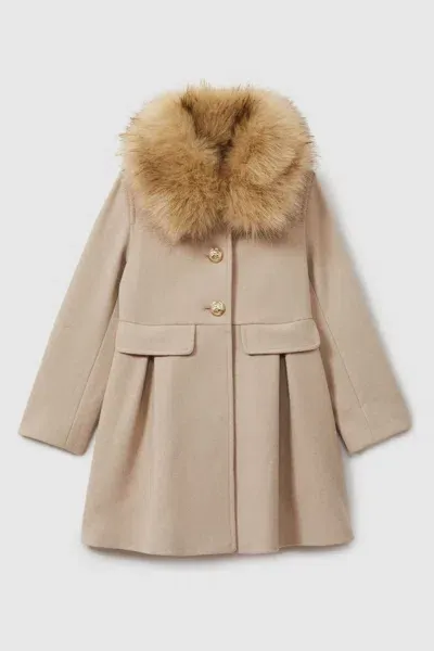 Reiss Oatmeal Teen Faux Fur Collar Wool Blend Coat