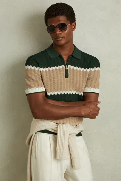 Reiss Mens Forest Green/li Alton Half-zip Colour-block Knitted Polo In Forest Green/light Camel