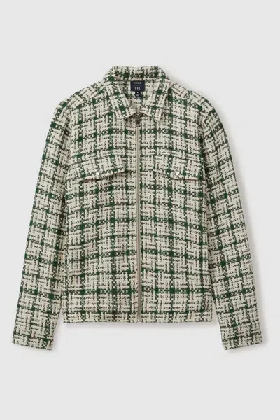 Reiss Ivory/dark Green Bergoma Ché Textured Check Zip-through Jacket