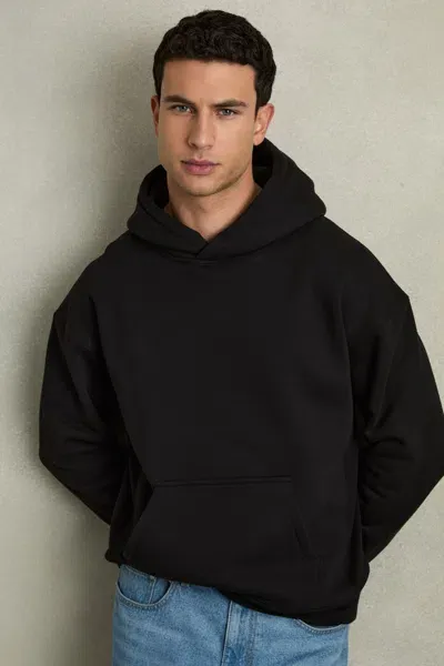 Reiss Black Cotton Fleece-back Drawstring Hoodie