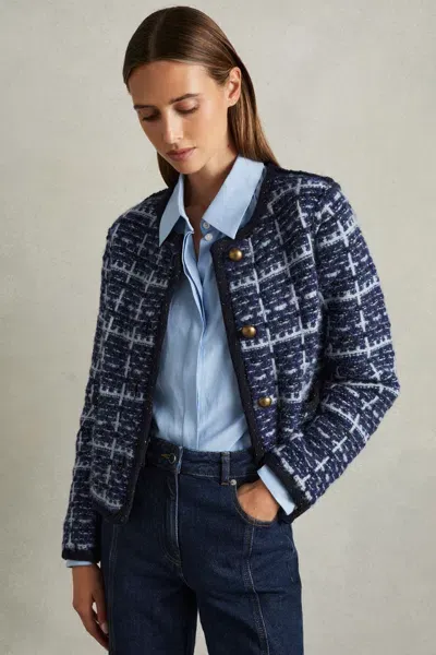 Reiss Blue Felicity Tweed Effect Cardigan With Merino