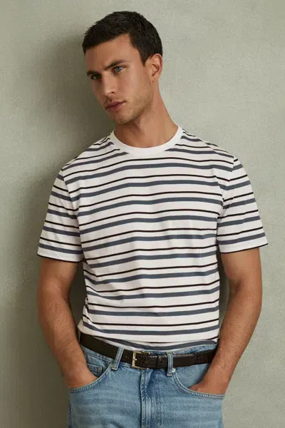 Reiss White/airforce Blue Bonne Mercerised Cotton Striped Crew Neck T-shirt