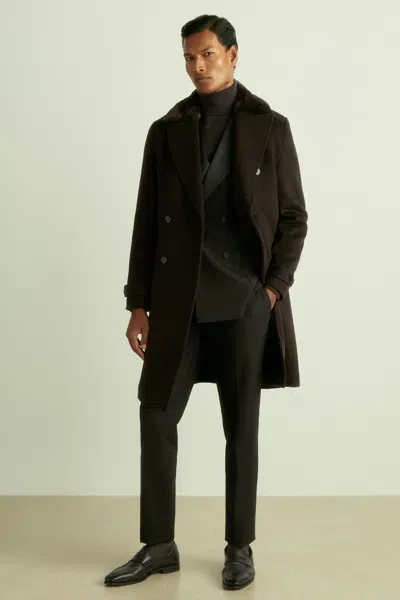 Reiss Brown Wool-blend Borg-collar Overcoat