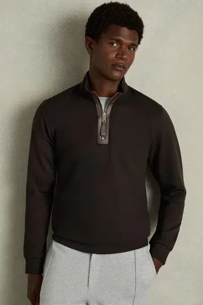 Reiss Chocolate Brown Hale Leather-placket Interlock-jersey Sweatshirt