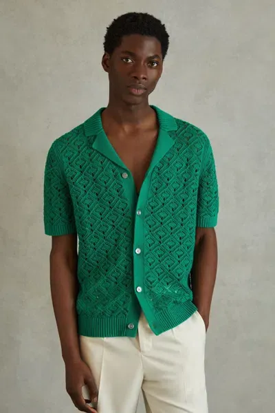 Reiss Bright Green Corsica Crochet Cuban Collar Shirt