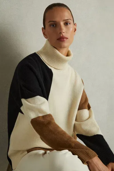 Reiss Cream/brown Ezra Wool-cashmere Colourblock-intarsia Jumper In Multi