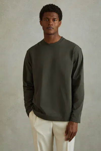 Reiss Khaki Cotton Crew Neck Long Sleeve T-shirt