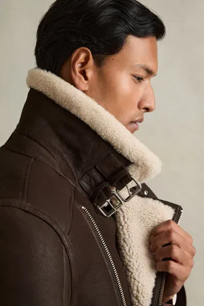 Reiss Dark Brown Aka Shearling Lined Leather Aviator Jacket