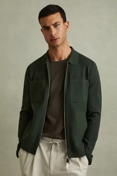 Reiss Dark Green Knitted Zip Through Jacket