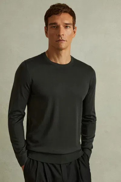 Reiss Dark Military Green Merino Wool Crew Neck Jumper