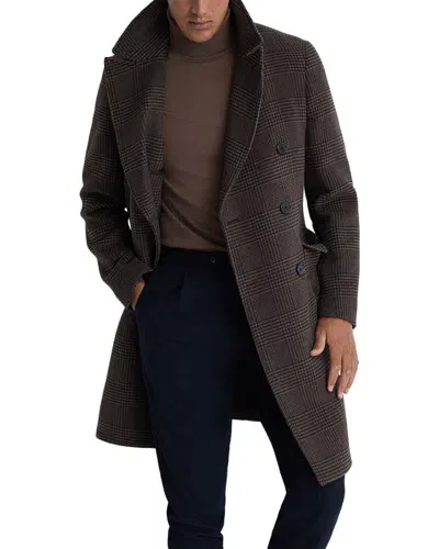 Reiss Brown Date Wool Check Double Breasted Coat