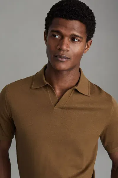 Reiss Tobacco Brown Duchie Merino Wool Open Collar Polo Shirt