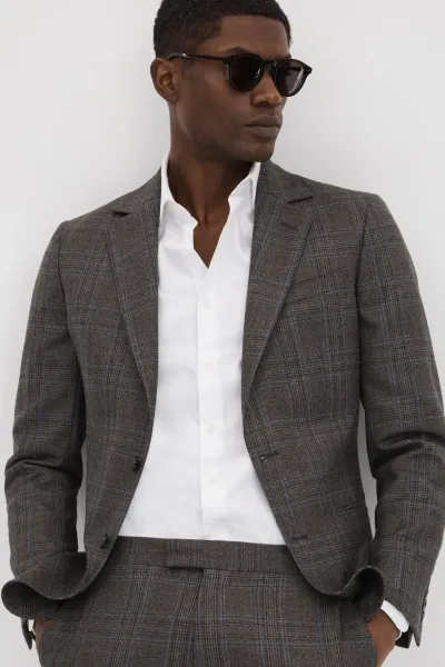 Reiss Brown Multi Fantasy Slim Fit Wool Single Breasted Check Blazer