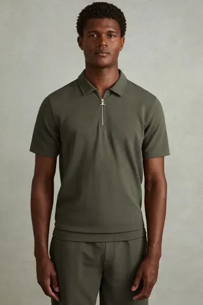 Reiss Green Smoke Albany Textured Zip-neck Polo Shirt