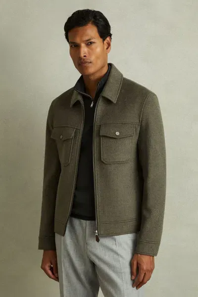 Reiss Green Smoke Zip-through Trucker Jacket With Wool