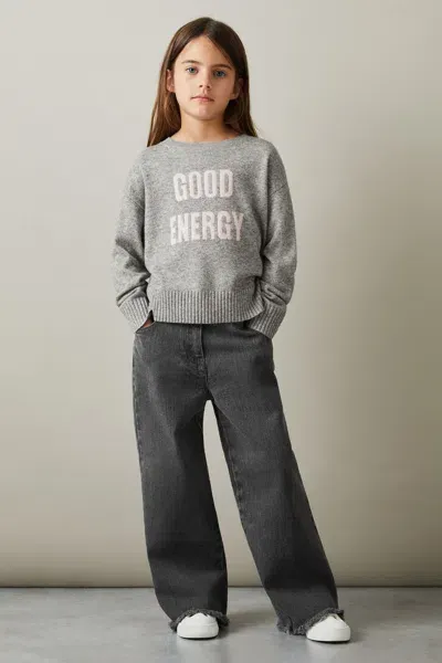 Reiss Grey Wool Blend Crew Neck Slogan Jumper