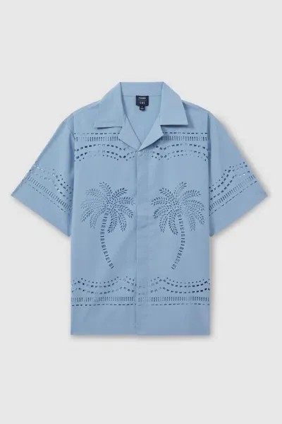 Reiss Soft Blue Isola | Ché Poplin Laser Cut-out Cuban Collar Shirt