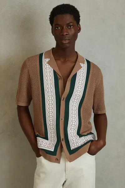 Reiss Camel/green Jensen Embroidered Cuban Collar Shirt