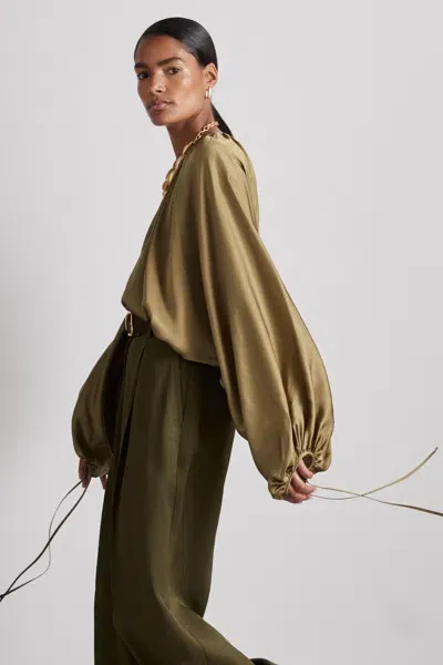 Reiss Khaki Atelier Gathered Satin Top