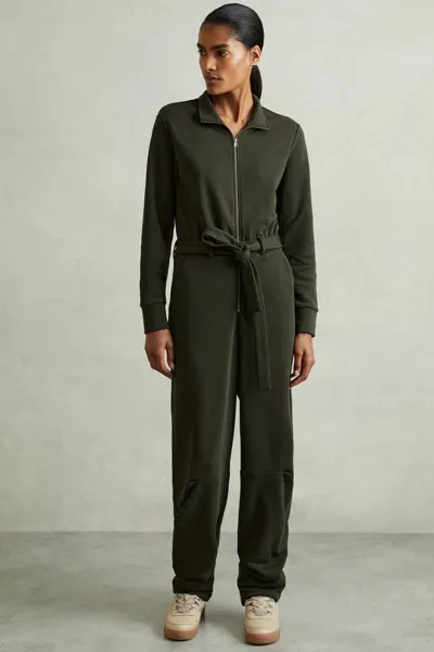 Reiss Khaki Belted Loopback-jersey Jumpsuit