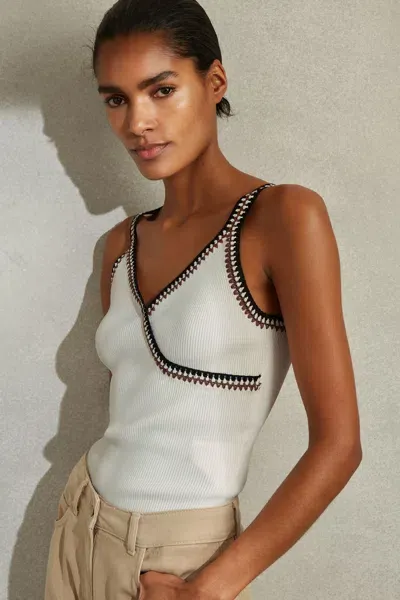 Reiss Kiki Crochet-trim Cotton-blend Knitted Vest Top In White/camel