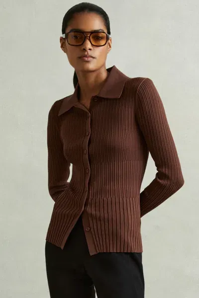 Reiss Maroon Jenna Ribbed Knitted Shirt