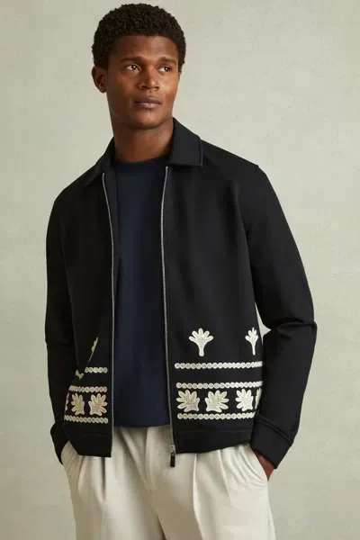 Reiss Navy Interlock Jersey Embroidered Jacket