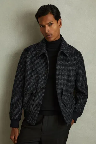 Reiss Navy Melange Puppytooth Check Bomber Jacket