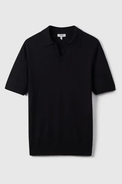 Reiss Navy Merino Wool Open Collar Polo Shirt