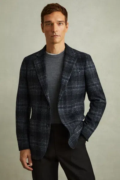 Reiss Navy Granite Single Breasted Checked Blazer With Wool