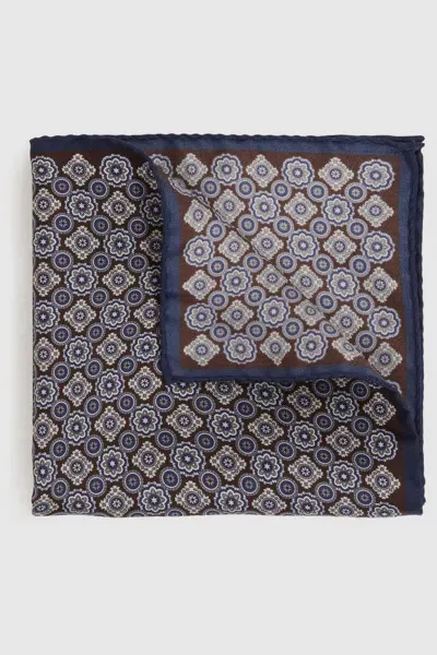 Reiss Navy/chocolate Silk Medallion Print Pocket Square