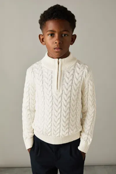 Reiss Off White Junior Cabled Knitted Zip Neck Jumper With Cotton And Wool