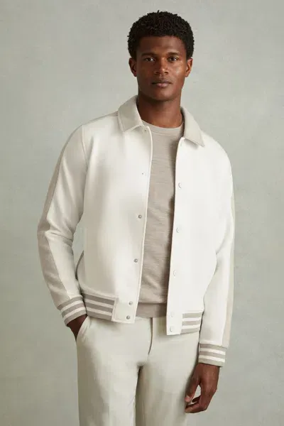 Reiss Optic White/soft Grey Melange Arnold Hybrid Interlock Jersey Bomber Jacket