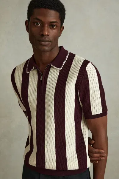 Reiss White/bordeaux Knitted Half-zip Polo Shirt